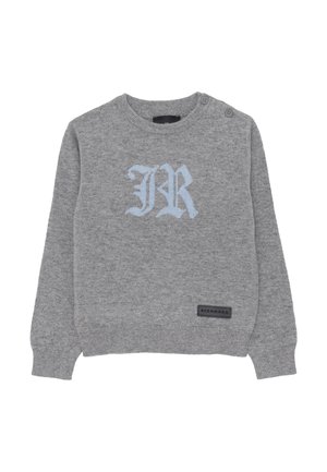 Maglione grigio a maglia con collo a giro, caratterizzato da un logo "JR" blu chiaro e due bottoni decorativi sulla spalla. Etichetta Richmond sull'orlo.
