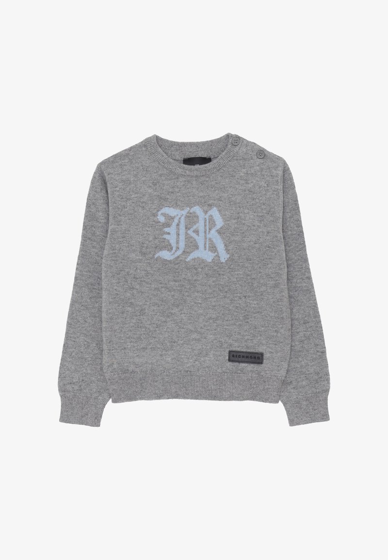 Maglione grigio a maglia con collo a giro, caratterizzato da un logo "JR" blu chiaro e due bottoni decorativi sulla spalla. Etichetta Richmond sull'orlo.