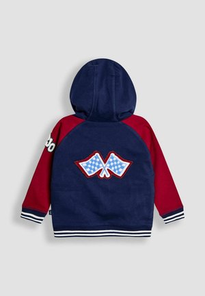 Kapuze sweatshirt, millel sinise ja punase värviblokiga, tikitud ruudulised lipud seljal ning triibulised mansetid ja ä�är.