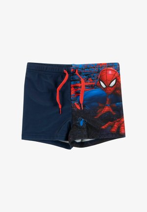 Children’s swim shorts with solid navy left side and right side featuring crouching Spider-Man in red and blue with red drawstrings.