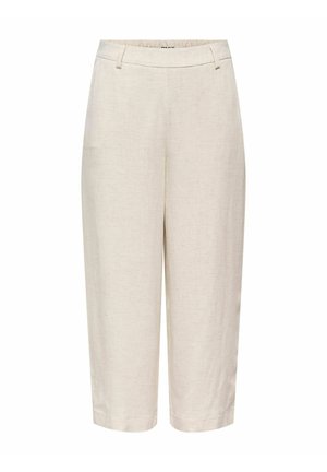 Pantaloni beige a vita alta cropped con passanti per cintura, gambe dritte e finitura in tessuto strutturato.