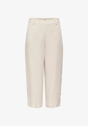 Pantalon beige taille haute court avec passants de ceinture, jambes droites et finition en tissu texturé.