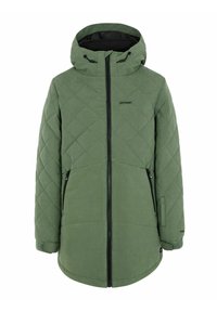 Giacca lunga verde trapuntata con cappuccio, dotata di zip nere, tasche laterali e polsini elasticizzati. Realizzata in un tessuto con superficie testurizzata.