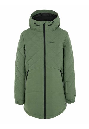 Giacca lunga verde trapuntata con cappuccio, dotata di zip nere, tasche laterali e polsini elasticizzati. Realizzata in un tessuto con superficie testurizzata.