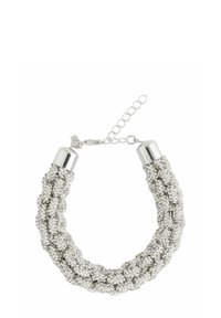Silver bracelet featuring braided design with textured beads, metallic ends, and adjustable chain closure for fit.