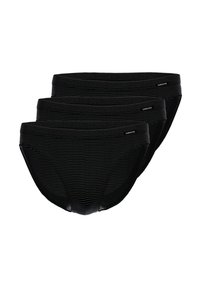 Drie zwarte onderbroeken met een gestructureerd ribbelontwerp en een zachte elastische tailleband, met een klein logo op de tailleband.