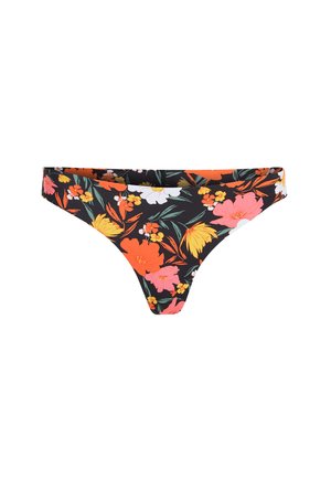 Květinové bikiny s černým pozadím a oranžovými, růžovými a bílými květinami. Vyrobeno z pružné, lehké látky.