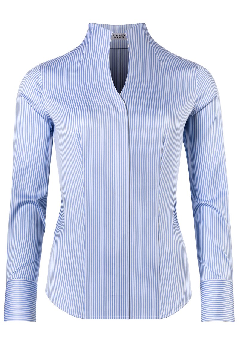 Camicia a maniche lunghe a strisce verticali blu e bianche con scollatura a chiave e vestibilità sagomata; presenta polsini strutturati e un tessuto liscio.