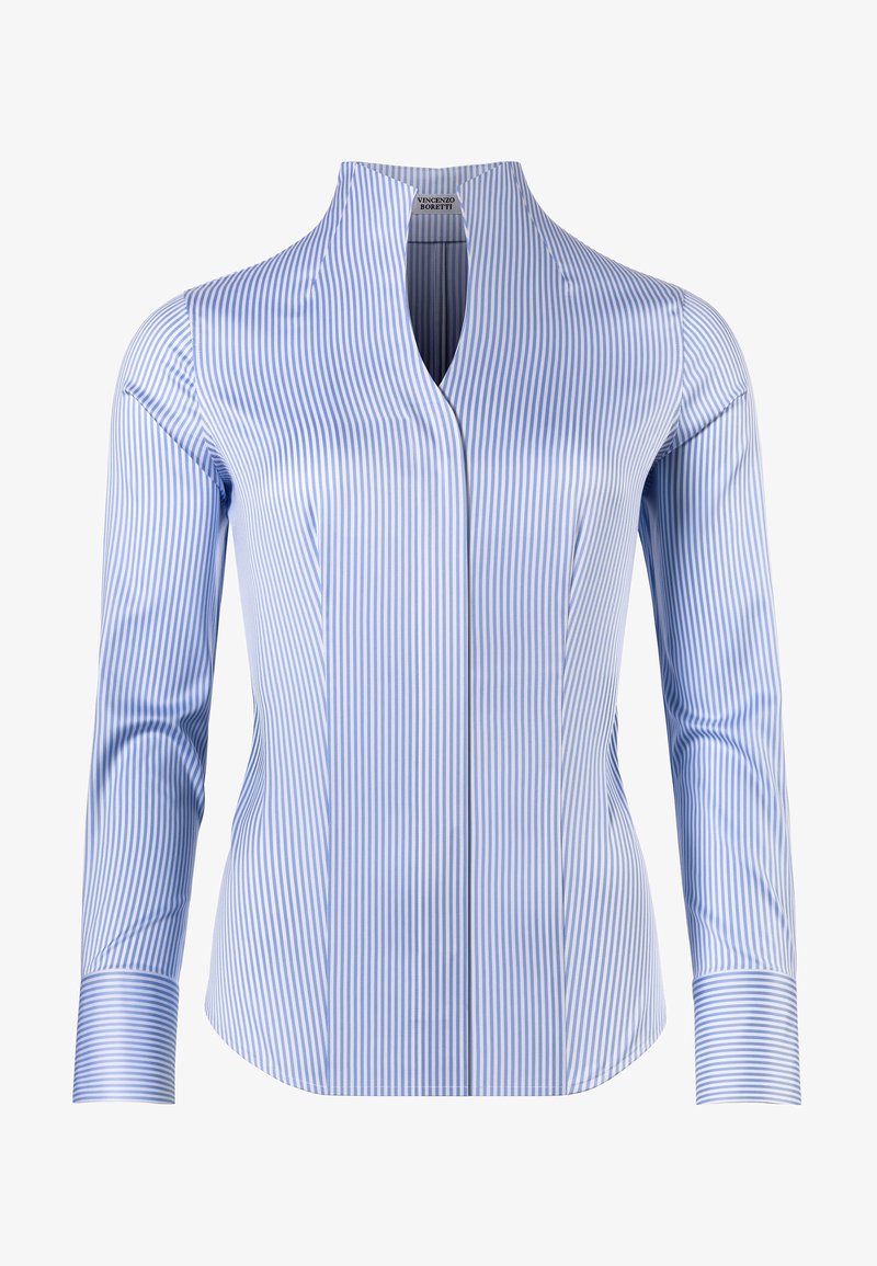 Camicia a maniche lunghe a strisce verticali blu e bianche con scollatura a chiave e vestibilità sagomata; presenta polsini strutturati e un tessuto liscio.
