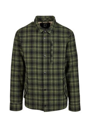 Green and black plaid jacket with a collared neck, button closure, two side pockets, and a chest pocket. Fabric appears textured and warm.