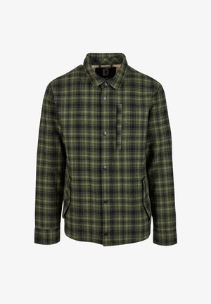 Žalias ir juodas langeliais raštuotas švarkas su apykakle, sagčių uždarymu, dviem šoninėmis kišenėmis ir krūtine kišene. Audinys atrodo tekstūruotas ir šiltas.