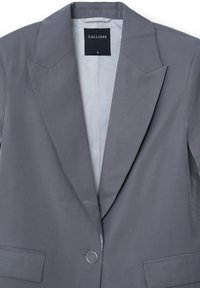 Grauer Blazer mit geknöpften Revers, einfacher runder Knopfschluss, zwei Fronttaschen und glatter Textur. Das Innenfutter ist hellgrau.