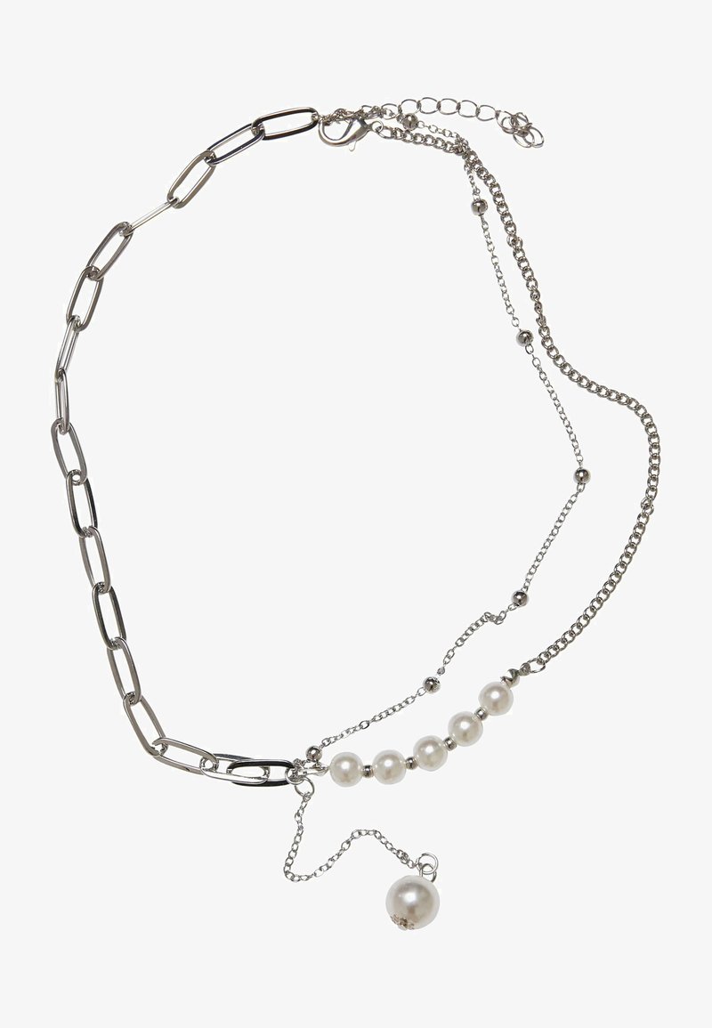 Collier en argent avec styles de chaîne mixtes comprenant de gros maillons, de petites perles et une rangée de six perles avec un pendentif perle suspendu.