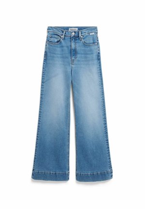 Jean large à jambes larges bleu clair avec une taille haute, un design à cinq poches et des ourlets bruts. Fabriqué en denim avec un aspect délavé et légèrement usé.