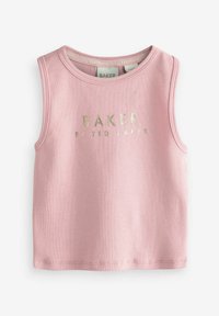 Lyserød ærmeløs top i ribstrikket tekstur med rund halsudskæring, prydet med metallisk guld tekst "BAKER BY TED BAKER" foran.