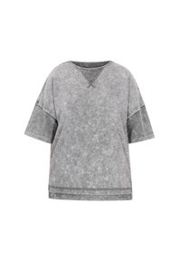 Grå kortærmet sweatshirt med V-hals, der har en vaskebeskytter og løs pasform. Synlig syning langs kanterne og sømmene.