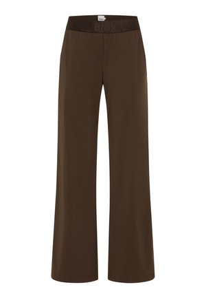 Pantaloni marroni a gamba larga con vita elastica con il marchio "Brox", dettaglio cucitura frontale e tasche laterali.