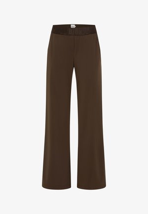 Pantalon marron à jambes larges avec taille élastique affichant la marque "Brox", détail de couture avant et poches latérales.