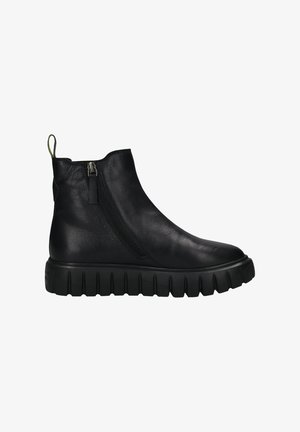 Black leather ankle boots with a side zipper, a robust rubber sole, and a textured finish. Features a pull tab for easy wear.