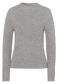 Pull gris en maille avec une texture côtelée, un col rond et des manches raglan longues. Présente une coupe ajustée et un design minimaliste.