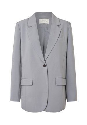 Ljusgrå blazer med en enkel knappstängning, snedskurna slag, två framfickor och en central ryggventil. Slät tygtextur.