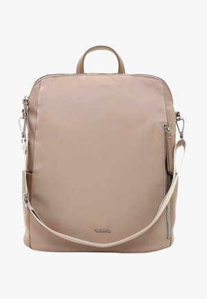 Beige nylon backpack with a smooth texture, zippered front pocket, top handle, and adjustable shoulder strap. Features silver hardware.