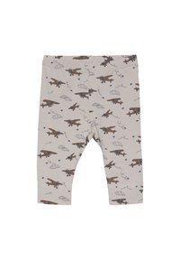 Lichtgrijze legging met een print van bruine vliegtuigen en wolken. Voorzien van een elastische tailleband en taps toelopende pijpen. Gemaakt van zacht, rekbaar katoen.