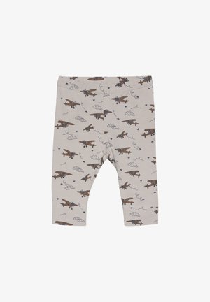 Helle graue Leggings mit braunen Flugzeugen und Wolken bedruckt. Mit elastischem Bund und schmal zulaufenden Beinen. Weiches, dehnbares Baumwollmaterial.