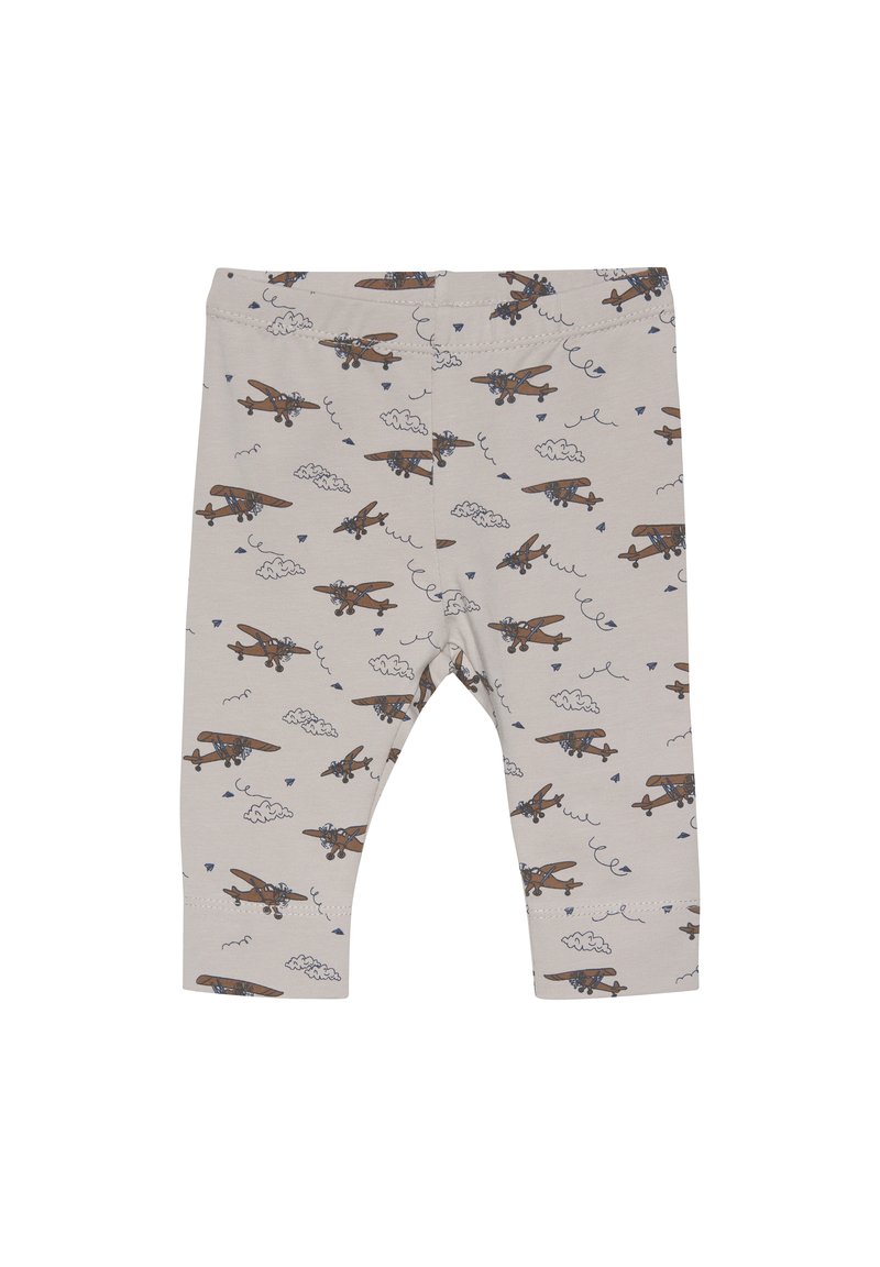 Lichtgrijze legging met een print van bruine vliegtuigen en wolken. Voorzien van een elastische tailleband en taps toelopende pijpen. Gemaakt van zacht, rekbaar katoen.