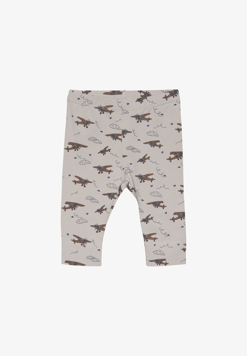 Lichtgrijze legging met een print van bruine vliegtuigen en wolken. Voorzien van een elastische tailleband en taps toelopende pijpen. Gemaakt van zacht, rekbaar katoen.