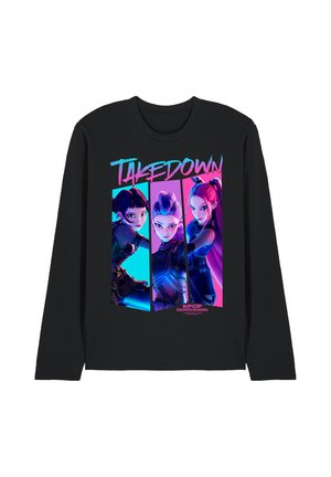 Black long-sleeve shirt with three stylized female characters in neon colors and the word "TAKEDOWN" above, from K-pop Demon Hunters.