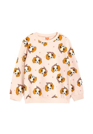 Lichtroze sweatshirt met een herhalend patroon van cartoonachtige honden met bruine oren en hoofdbandjes, accentueert met kleine hartjes.