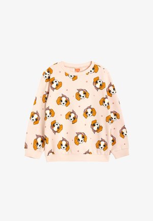 Lyserød sweatshirt med et gentagende mønster af tegneserie-stil hunde med brune ører og pandebånd, prydet med små hjerter.