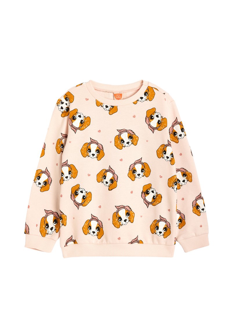 Lichtroze sweatshirt met een herhalend patroon van cartoonachtige honden met bruine oren en hoofdbandjes, accentueert met kleine hartjes.