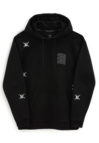 Svart huva sweatshirt i fleece, med vit Vans-logotyp och dödskallegrafik på framsidan och ärmarna. Känguruficka framtill.