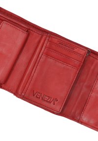 Red leather wallet featuring multiple card slots, RFID protection, and a smooth texture with the embossed brand name "VENEZIA."