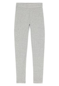 Leggings gris en tissu doux et extensible. Ils ont une coupe ajustée, une taille élastique et une texture lisse sans coutures ni motifs visibles.