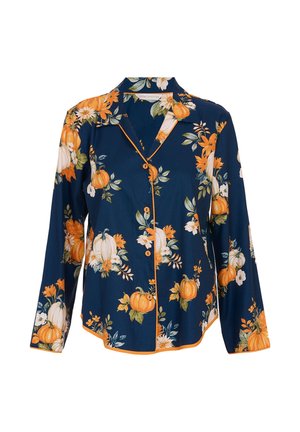 Camicia blu navy a fantasia floreale con zucche arancioni, fiori bianchi e piping arancione a contrasto. Maniche lunghe e design con chiusura a bottoni davanti.