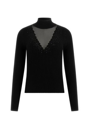 Pull noir côtelé à manches longues, col cheminée, découpe en V transparente avec des embellissements le long des bords, tissu texturé.