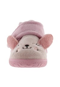 Chausson doux et rose avec un design de visage d'animal, texture en peluche, forme arrondie et oreilles en tissu. Semelle en caoutchouc, convient à une utilisation en intérieur.