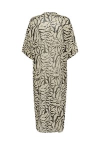 Une robe de chambre de style kimono en voile, ornée d'un motif de feuilles noir et beige. Coupe ample avec des manches courtes et un ourlet droit. Texture légère.