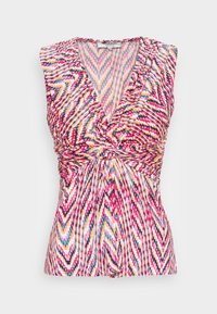 Multikleurige mouwloze top met een zigzagpatroon in roze, oranje, blauw en zwart. Beschikt over geraffineerde stof bij de buste en een V-halslijn.