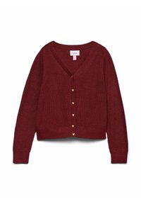 Burgundiško megztinis su V formos iškirpte, ilgomis rankovėmis ir auksiniais mygtukais širdelės forma priekyje. Tekstūra atrodo švelni ir jauki.