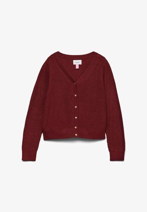 Gilet en tricot bordeaux avec un col en V, des manches longues et des boutons en forme de cœur en métal doré sur le devant. La texture semble douce et confortable.
