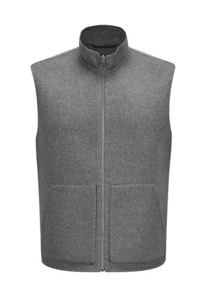Graue ärmellose Weste mit Reißverschluss und hohem Kragen sowie zwei aufgesetzten Taschen vorne aus weichem, strukturiertem Stoff.