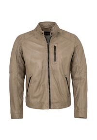 Braune Lederjacke mit Stehkragen, Frontreißverschluss, zwei seitlichen Taschen und einer kleinen Brusttasche mit Reißverschlussdetails. Glatte Textur.