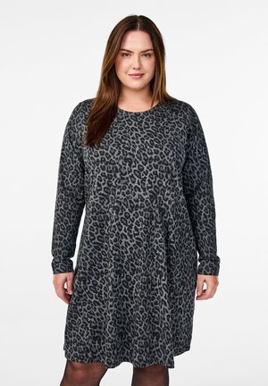 LANGÄRMELIGES MIT RUNDHALSAUSSCHNITT UND ZEBRAPRINT - Žerzejové šaty - dark grey leo