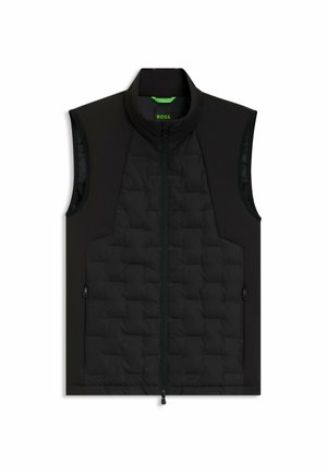 Sort ærmeløs vest lavet af kviltet materiale med høj krave. Har sidelommer med lynlås og en fuld frontlynlås.