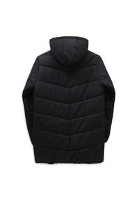 Czarna pikowana kurtka z kapturem, z motywem chevron i gładką teksturą. Brak widocznych elementów metalowych ani ozdób.