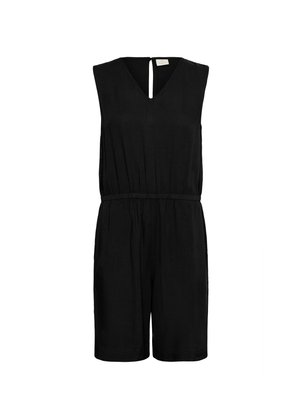 Jumpsuit nero senza maniche con scollatura a V, vita elasticizzata e dettaglio a occhio di chiave sulla schiena. Tessuto leggero con una texture morbida.